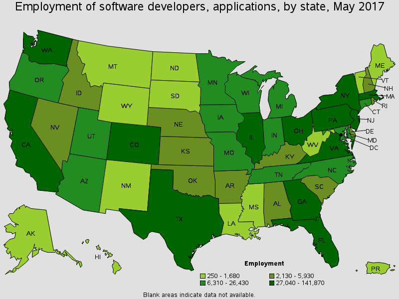 National Map of employment for Software Developers, Applications